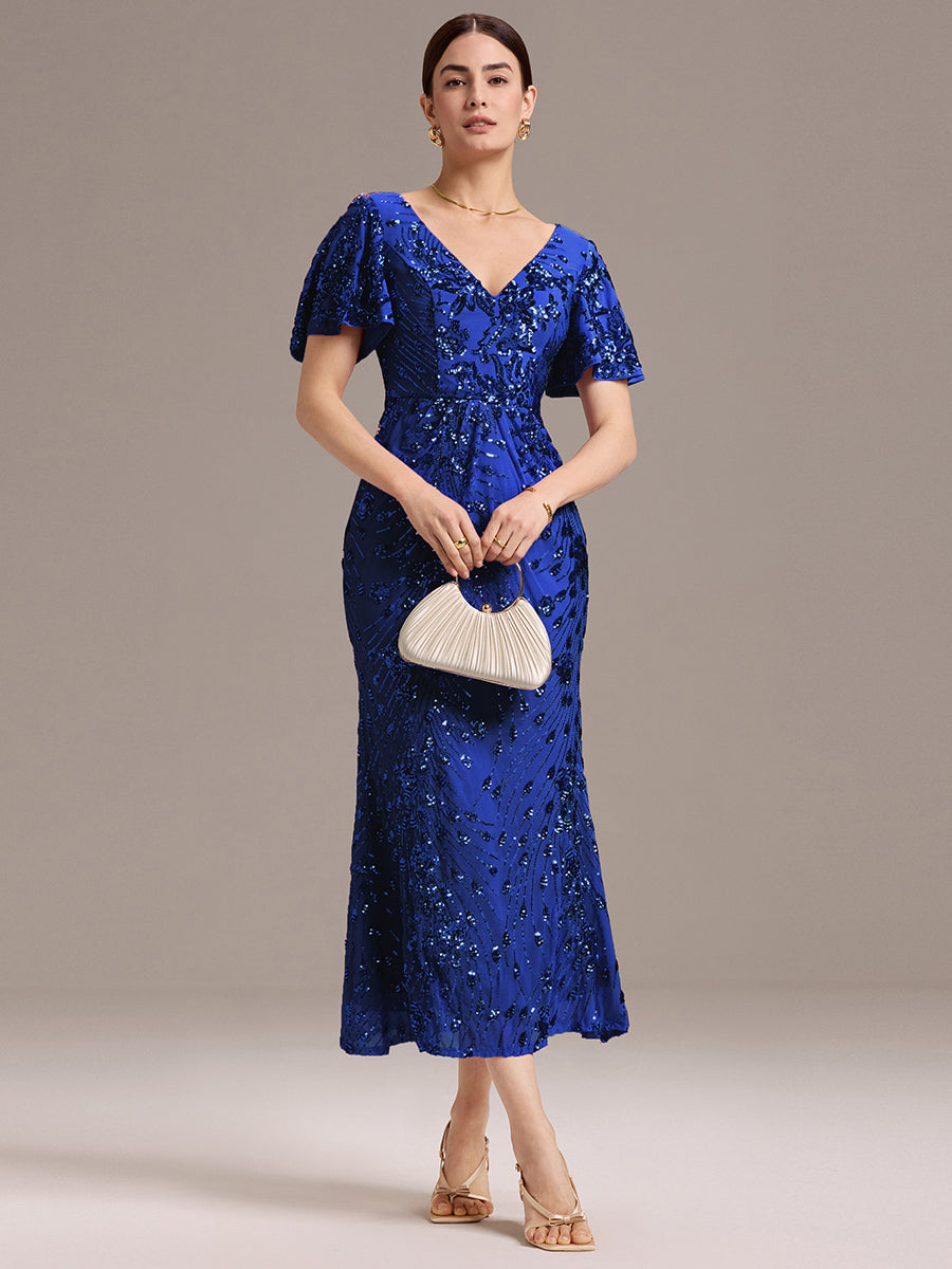 Maxi Und Knöchellange Tiefe V-Ausschnitt Meerjungfrau Pailletten Kleid Atemberaubende Eleganz Kleid #Farbe_Saphirblau