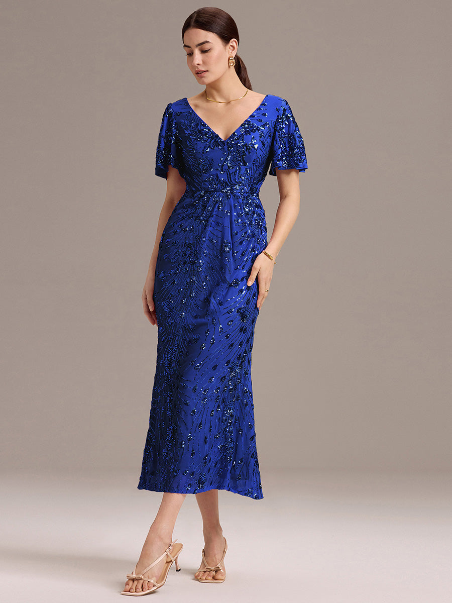 Maxi Und Knöchellange Tiefe V-Ausschnitt Meerjungfrau Pailletten Kleid Atemberaubende Eleganz Kleid #Farbe_Saphirblau