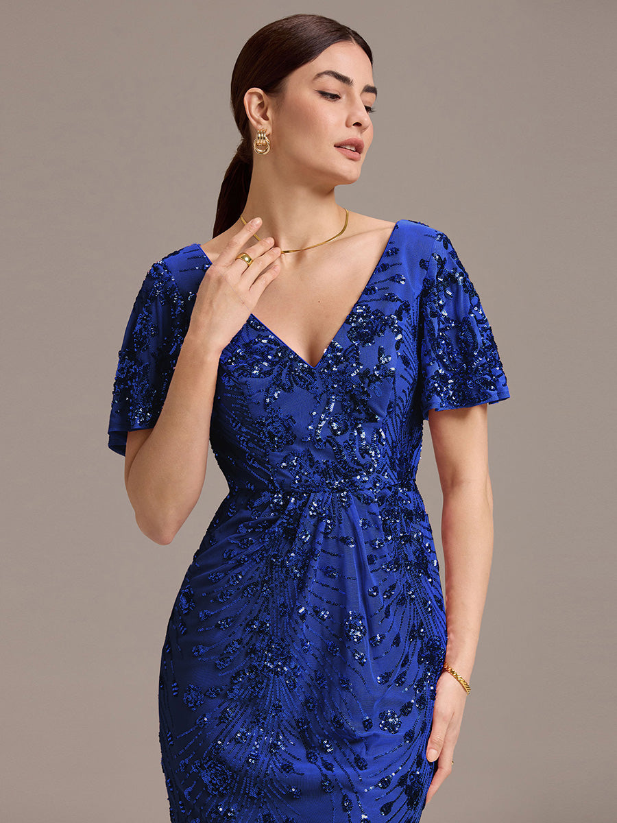 Maxi Und Knöchellange Tiefe V-Ausschnitt Meerjungfrau Pailletten Kleid Atemberaubende Eleganz Kleid #Farbe_Saphirblau