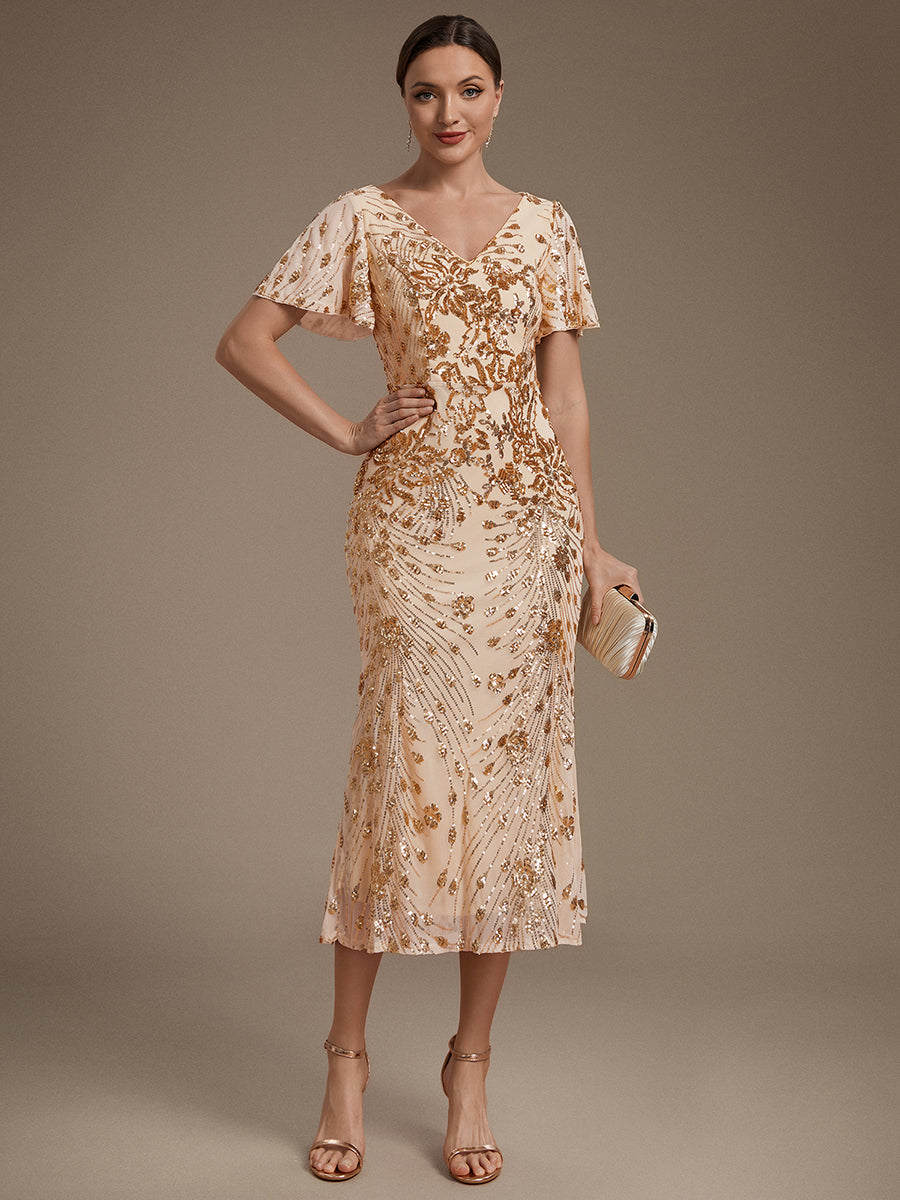 Maxi Und Knöchellange Tiefe V-Ausschnitt Meerjungfrau Pailletten Kleid Atemberaubende Eleganz Kleid #Farbe_Gold