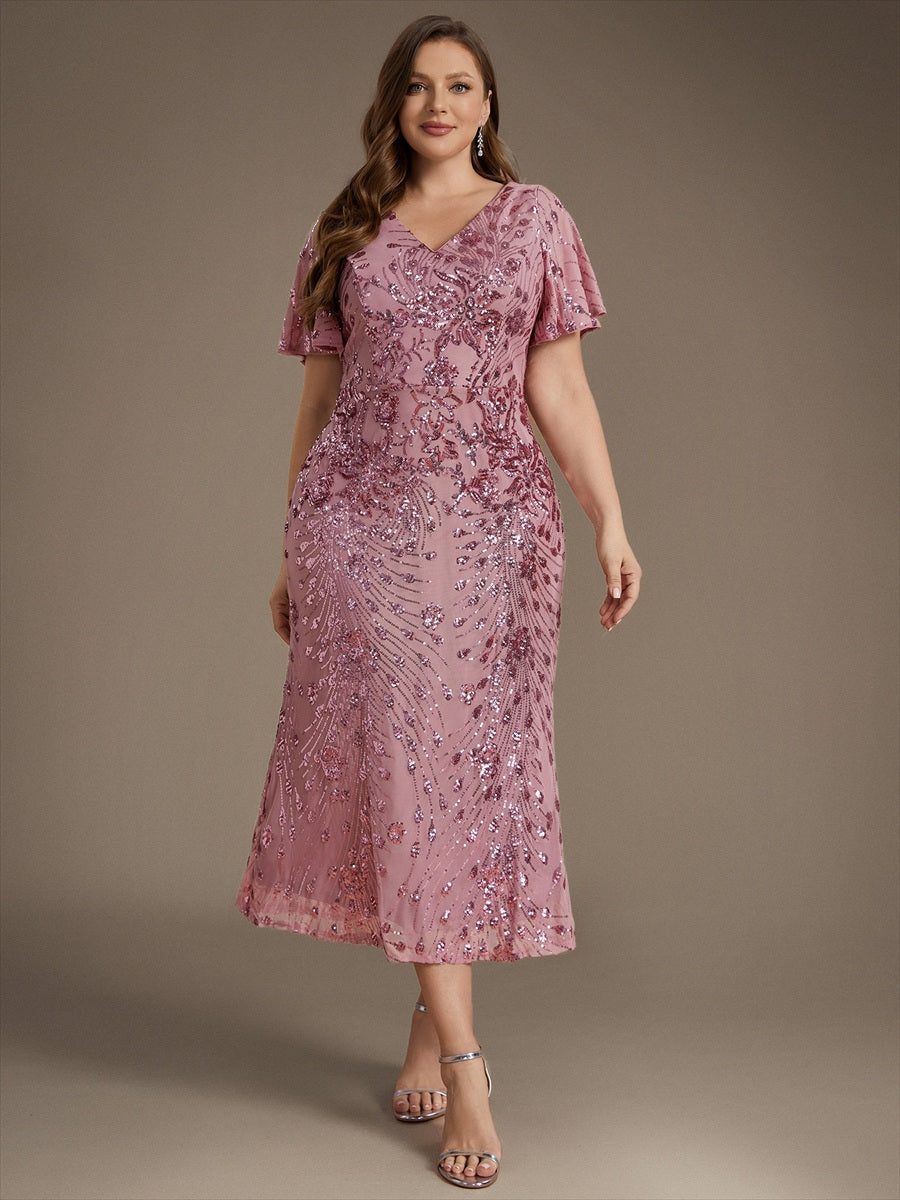 Maxi Und Knöchellange Tiefe V-Ausschnitt Meerjungfrau Pailletten Kleid Atemberaubende Eleganz Kleid #Farbe_Orchideenviolett