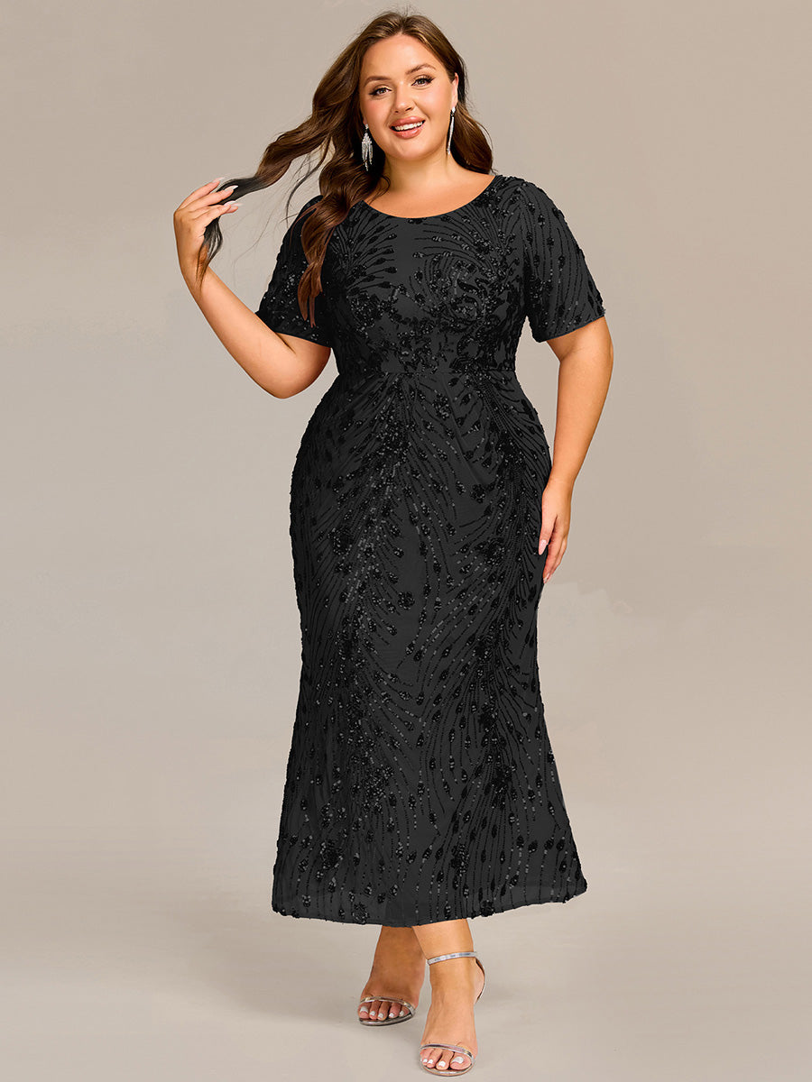 Midi Länge Meerjungfrau Pailletten Kleid Mit Rundhalsausschnitt Und Raffung Elegante Abendmode Kleid #Farbe_Schwarz