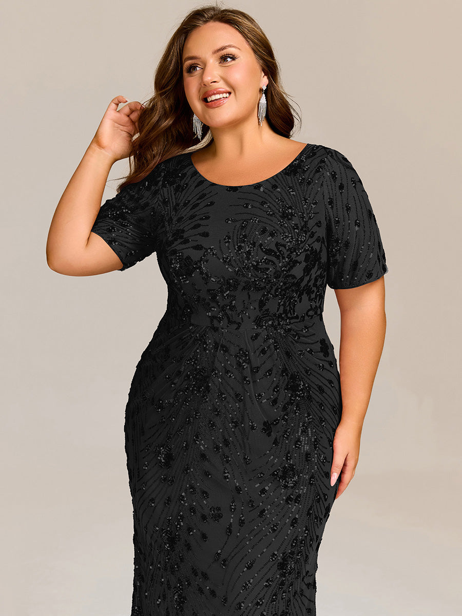 Midi Länge Meerjungfrau Pailletten Kleid Mit Rundhalsausschnitt Und Raffung Elegante Abendmode Kleid #Farbe_Schwarz