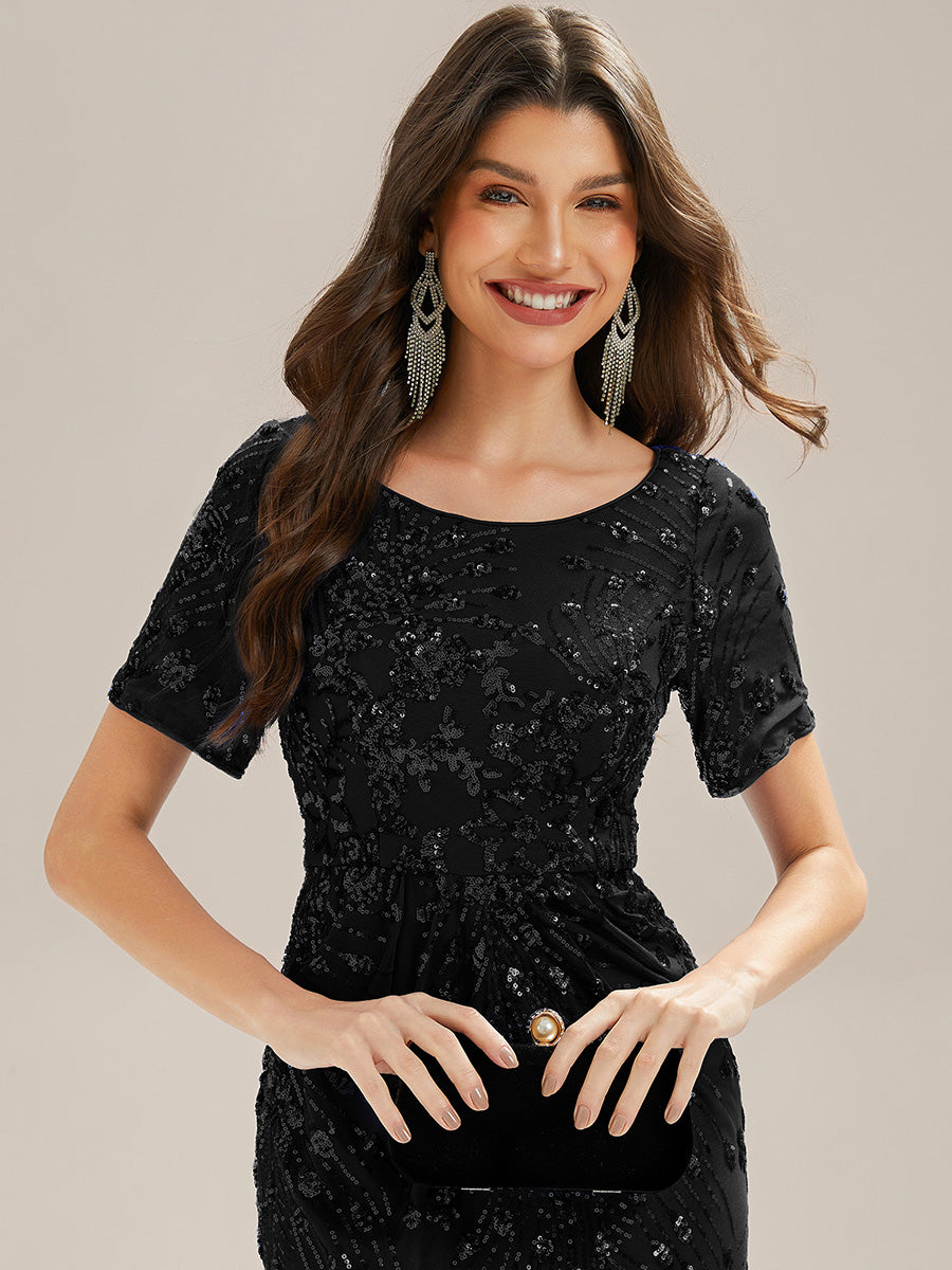 Midi Länge Meerjungfrau Pailletten Kleid Mit Rundhalsausschnitt Und Raffung Elegante Abendmode Kleid #Farbe_Schwarz