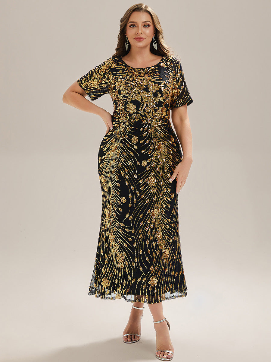 Midi Länge Meerjungfrau Pailletten Kleid Mit Rundhalsausschnitt Und Raffung Elegante Abendmode Kleid #Farbe_Schwarz & Gold