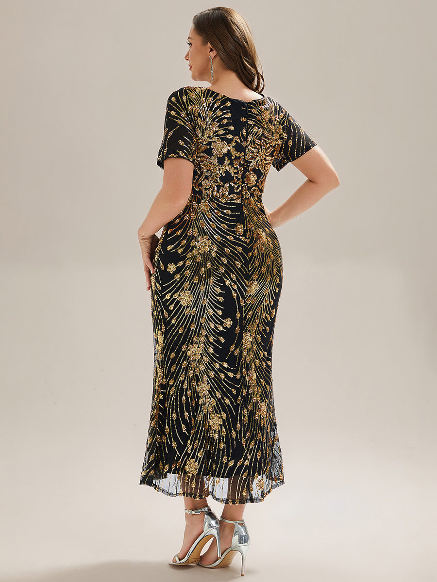 Midi Länge Meerjungfrau Pailletten Kleid Mit Rundhalsausschnitt Und Raffung Elegante Abendmode Kleid #Farbe_Schwarz & Gold
