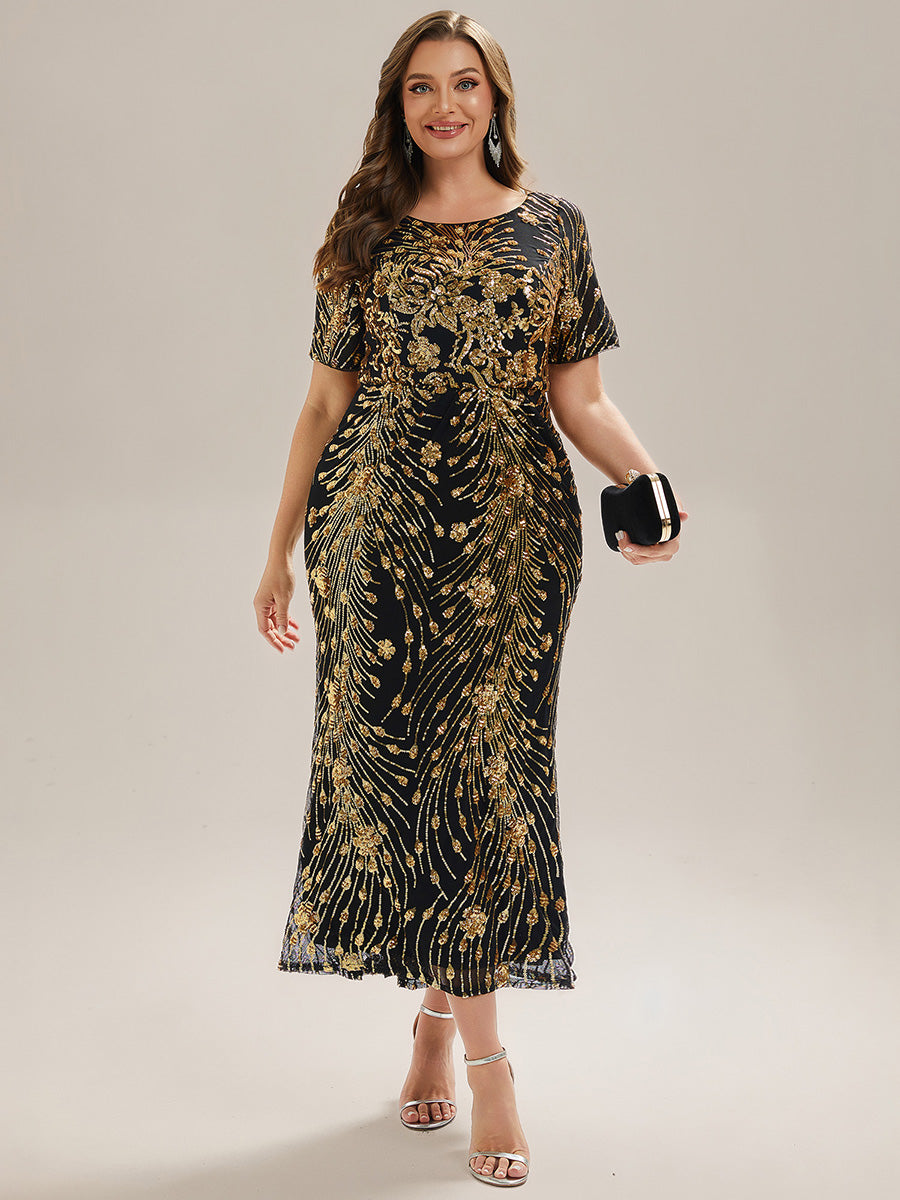 Midi Länge Meerjungfrau Pailletten Kleid Mit Rundhalsausschnitt Und Raffung Elegante Abendmode Kleid #Farbe_Schwarz & Gold