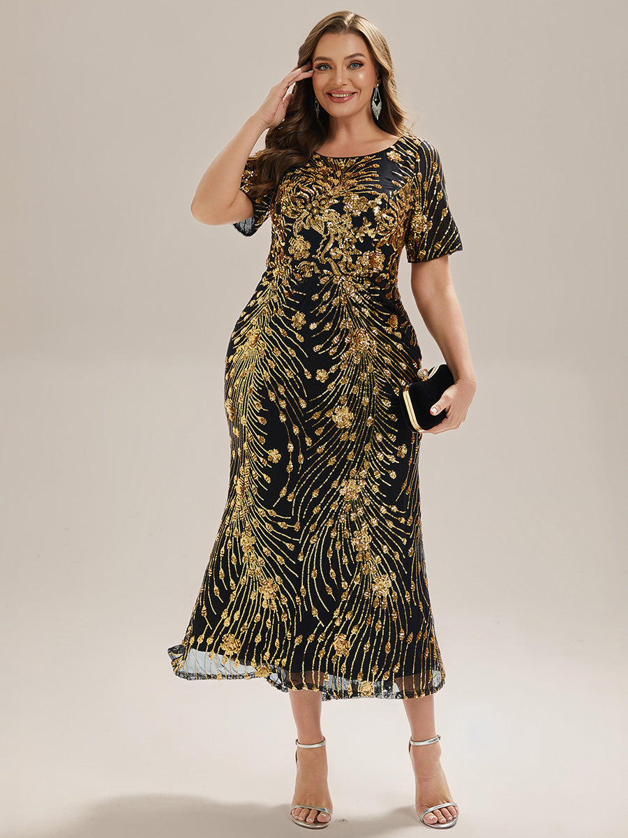 Midi Länge Meerjungfrau Pailletten Kleid Mit Rundhalsausschnitt Und Raffung Elegante Abendmode Kleid #Farbe_Schwarz & Gold