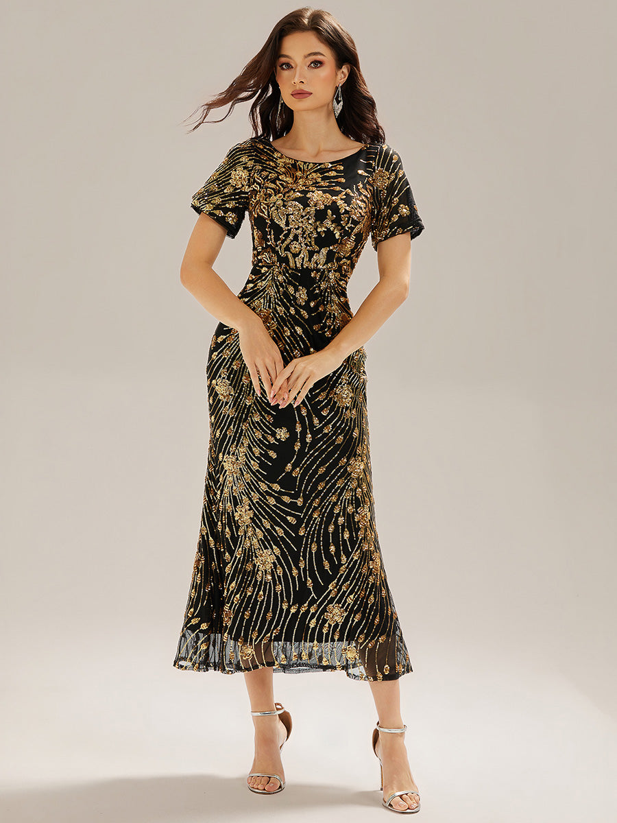 Midi Länge Meerjungfrau Pailletten Kleid Mit Rundhalsausschnitt Und Raffung Elegante Abendmode Kleid #Farbe_Schwarz & Gold