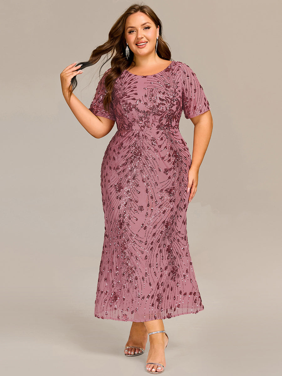 Midi Länge Meerjungfrau Pailletten Kleid Mit Rundhalsausschnitt Und Raffung Elegante Abendmode Kleid #Farbe_Orchideenviolett