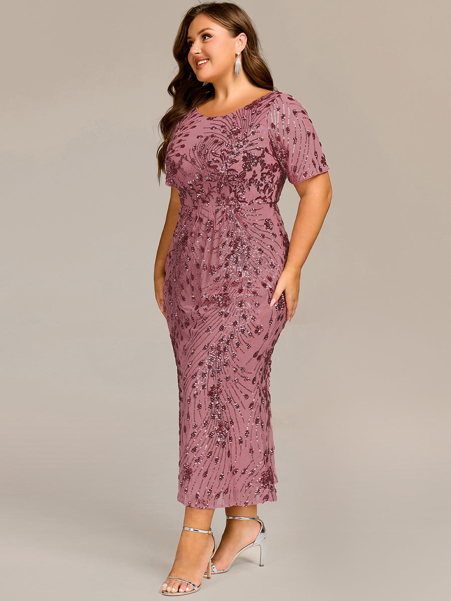 Midi Länge Meerjungfrau Pailletten Kleid Mit Rundhalsausschnitt Und Raffung Elegante Abendmode Kleid #Farbe_Orchideenviolett