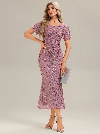 Midi Länge Meerjungfrau Pailletten Kleid Mit Rundhalsausschnitt Und Raffung Elegante Abendmode Kleid #Farbe_Orchideenviolett