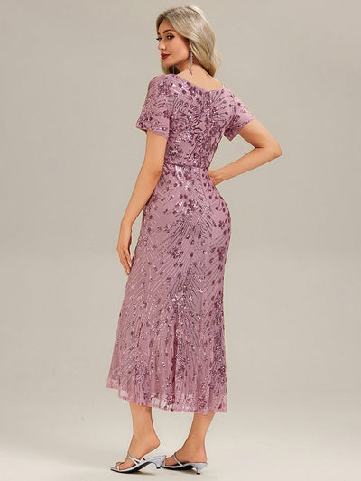 Midi Länge Meerjungfrau Pailletten Kleid Mit Rundhalsausschnitt Und Raffung Elegante Abendmode Kleid #Farbe_Orchideenviolett