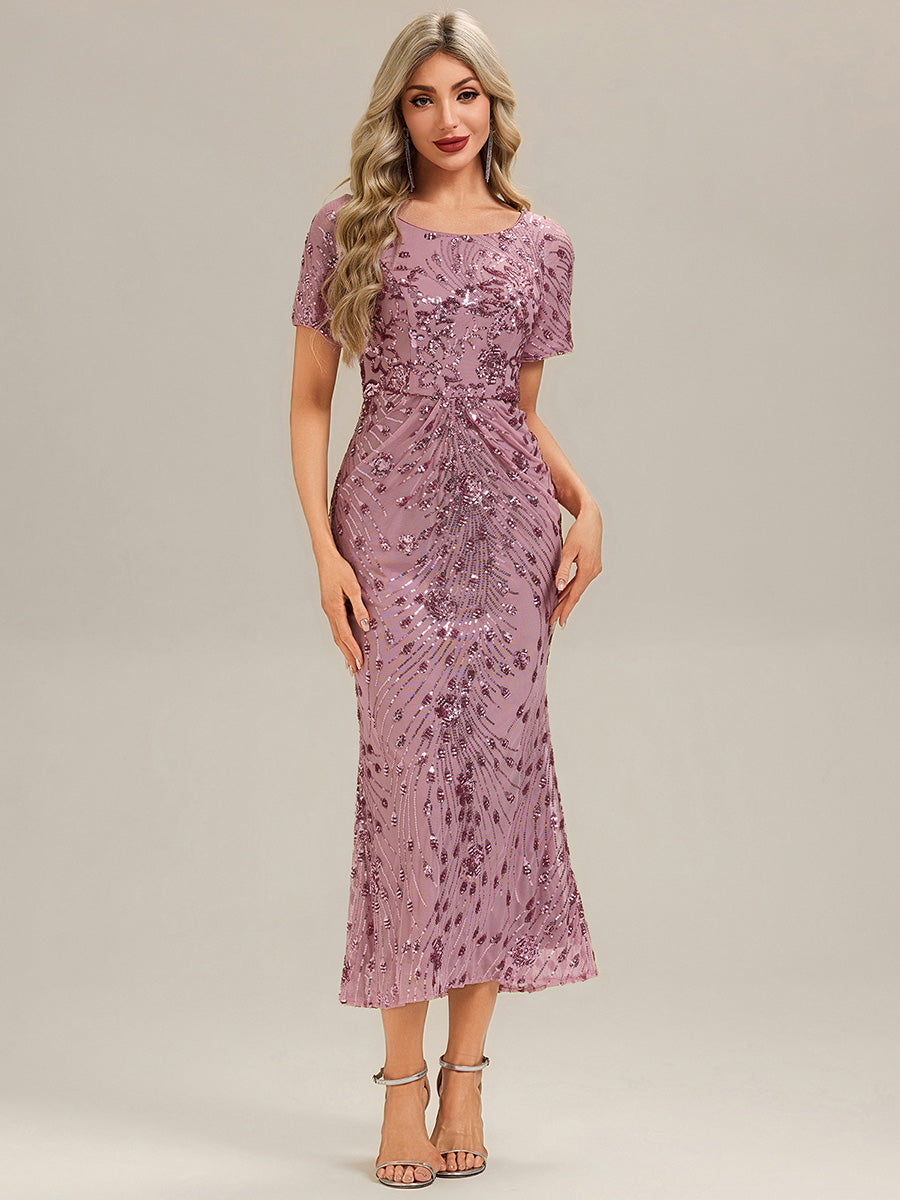 Midi Länge Meerjungfrau Pailletten Kleid Mit Rundhalsausschnitt Und Raffung Elegante Abendmode Kleid #Farbe_Orchideenviolett