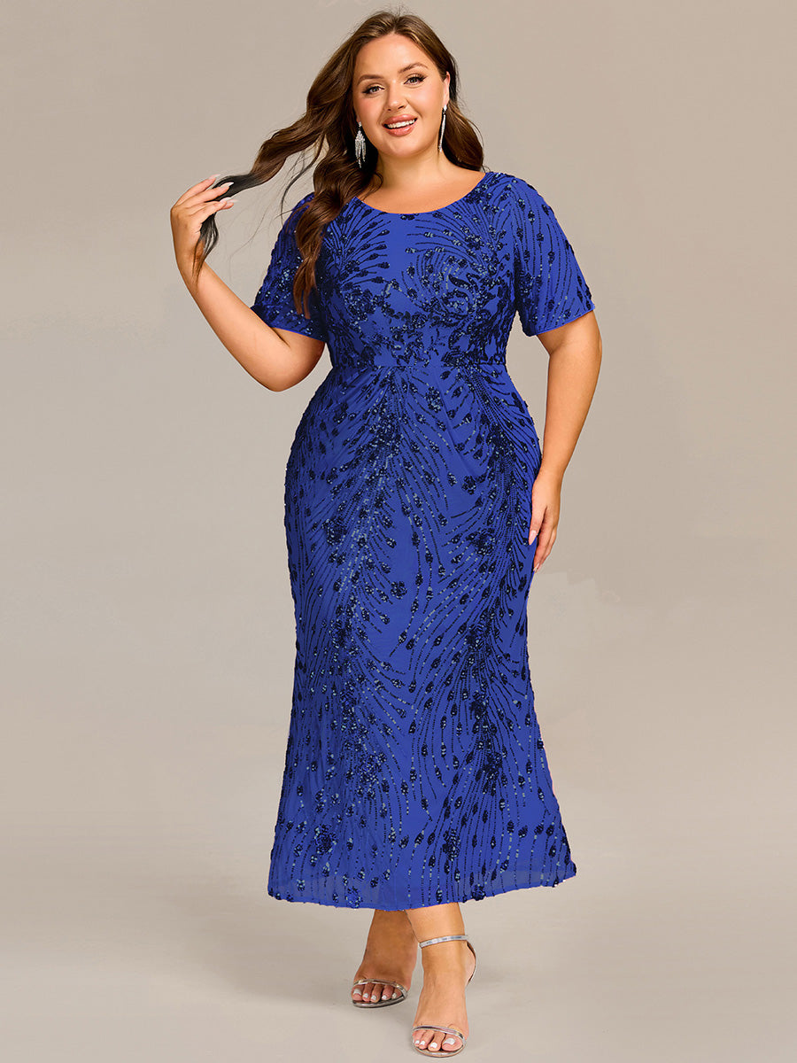 Midi Länge Meerjungfrau Pailletten Kleid Mit Rundhalsausschnitt Und Raffung Elegante Abendmode Kleid #Farbe_Saphirblau