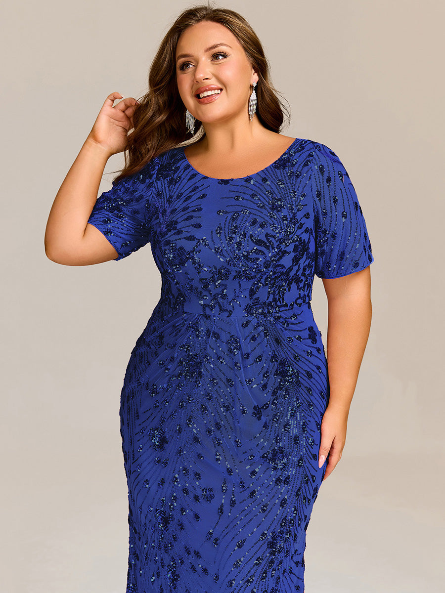 Midi Länge Meerjungfrau Pailletten Kleid Mit Rundhalsausschnitt Und Raffung Elegante Abendmode Kleid #Farbe_Saphirblau