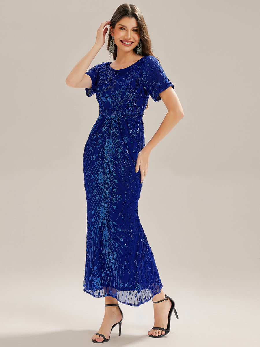 Midi Länge Meerjungfrau Pailletten Kleid Mit Rundhalsausschnitt Und Raffung Elegante Abendmode Kleid #Farbe_Saphirblau