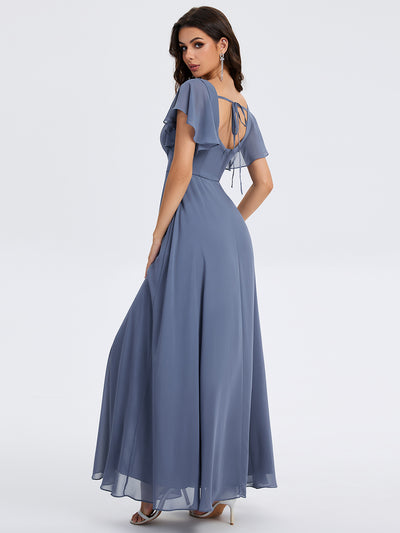 Bodenlanger A-Linien Chiffon Kleid Mit Quadratischem Ausschnitt Bindeband Vorne Und Rückenfreiem Design #Farbe_Taubenblau