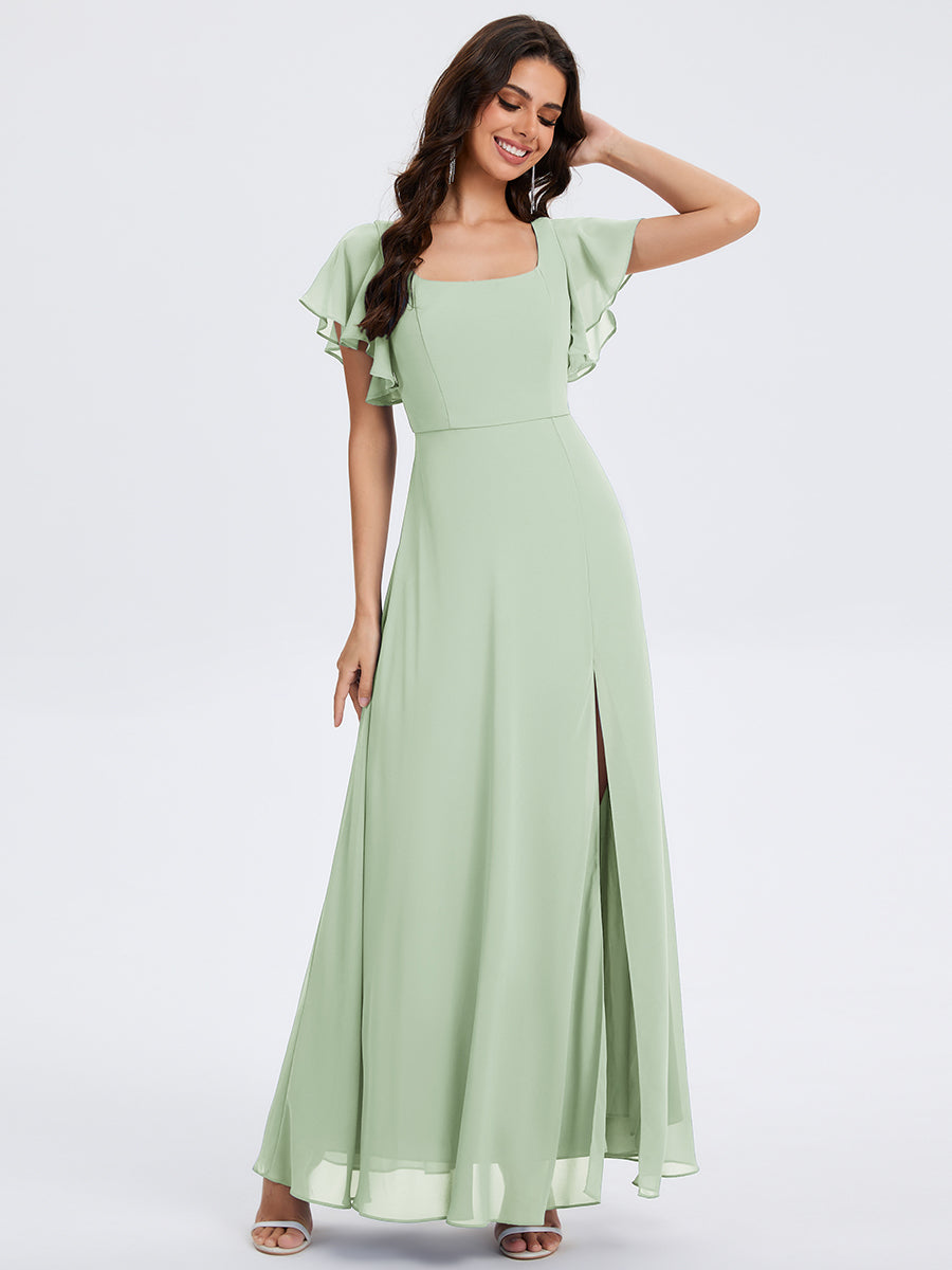 Bodenlanger A-Linien Chiffon Kleid Mit Quadratischem Ausschnitt Bindeband Vorne Und Rückenfreiem Design #Farbe_Mintgrün
