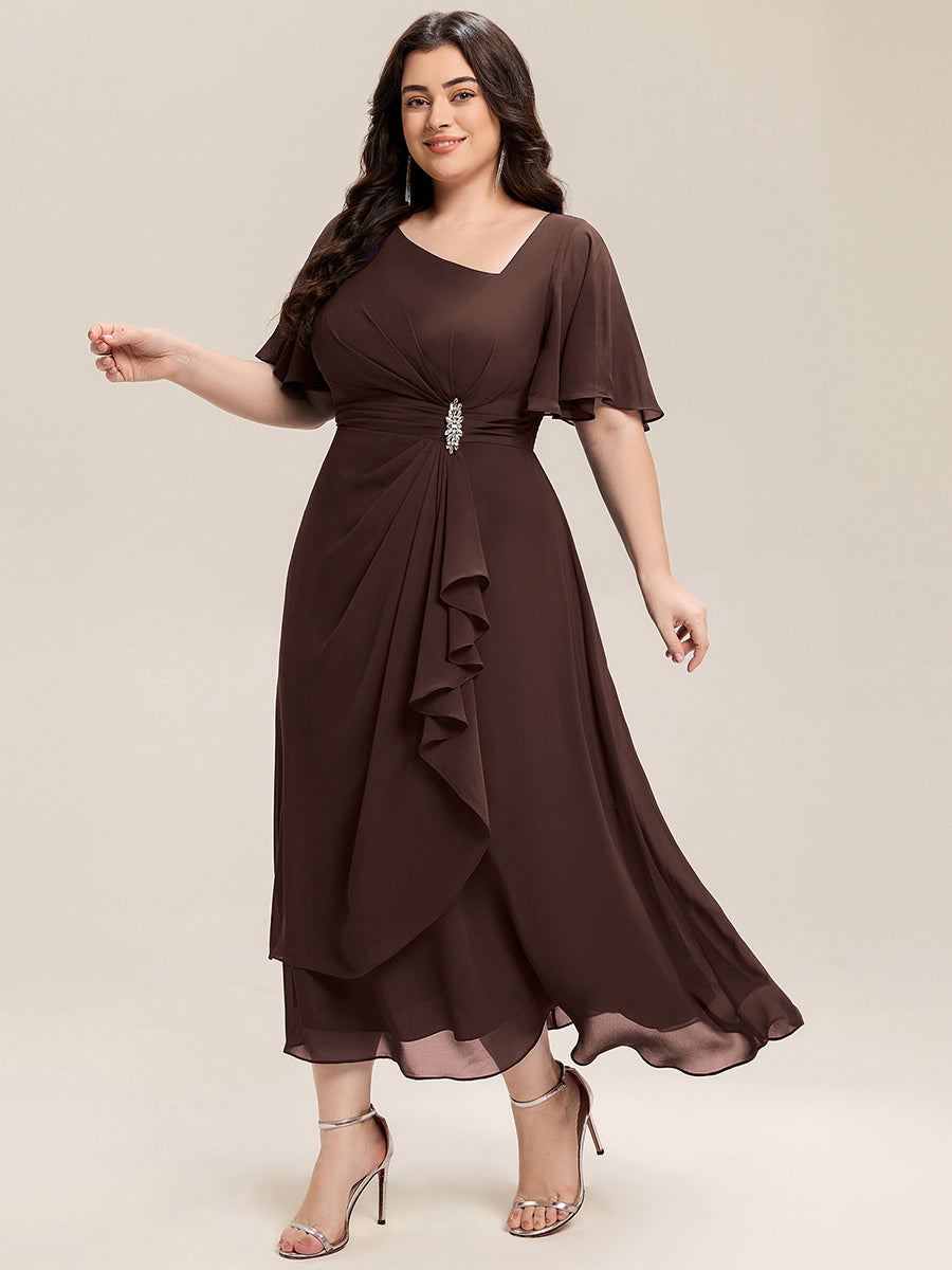 Abendkleid mit Volantärmeln und Strass-Details aus Chiffon abendkleid #Farbe_Schokoladenbraun
