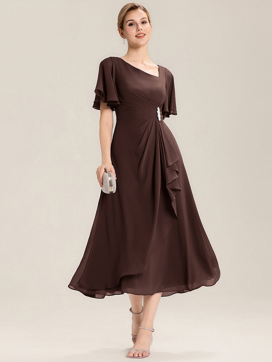 Abendkleid mit Volantärmeln und Strass-Details aus Chiffon abendkleid #Farbe_Schokoladenbraun