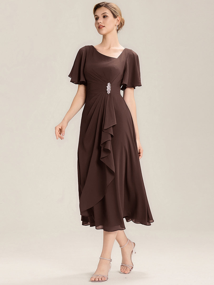 Abendkleid mit Volantärmeln und Strass-Details aus Chiffon abendkleid #Farbe_Schokoladenbraun