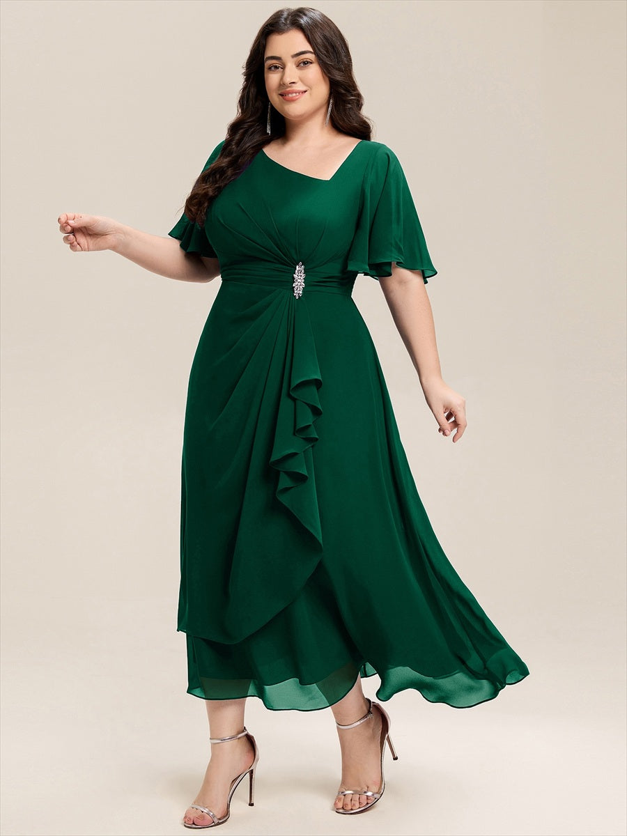 Abendkleid mit Volantärmeln und Strass-Details aus Chiffon abendkleid #Farbe_Dunkelgrün