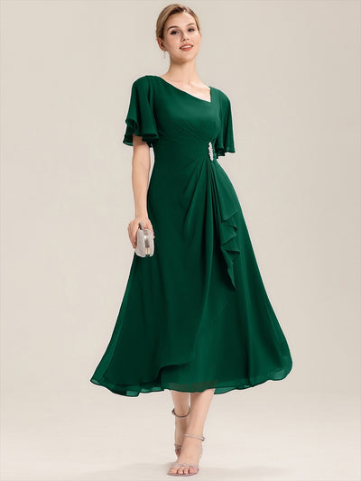 Abendkleid mit Volantärmeln und Strass-Details aus Chiffon abendkleid #Farbe_Dunkelgrün
