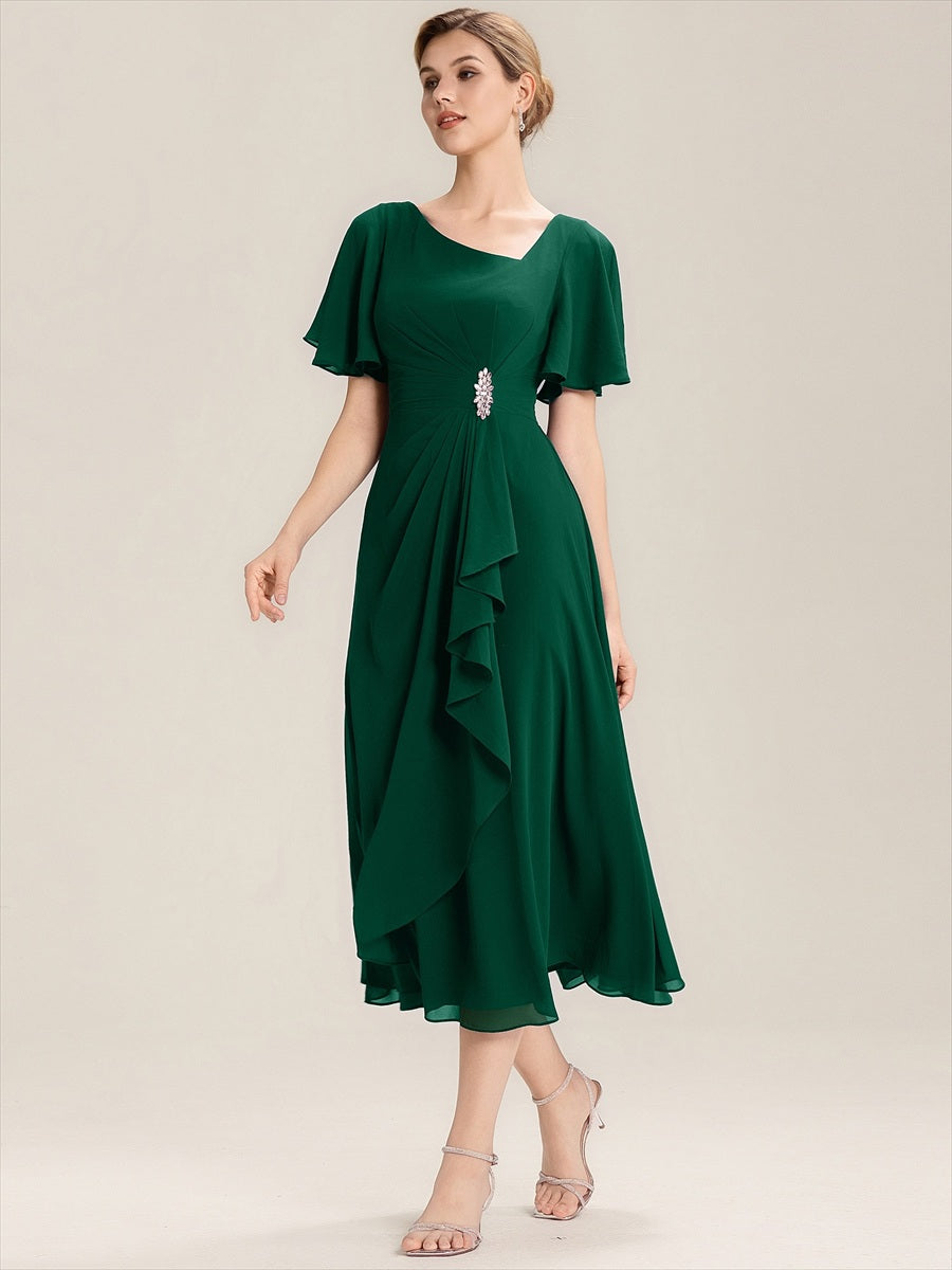 Abendkleid mit Volantärmeln und Strass-Details aus Chiffon abendkleid #Farbe_Dunkelgrün