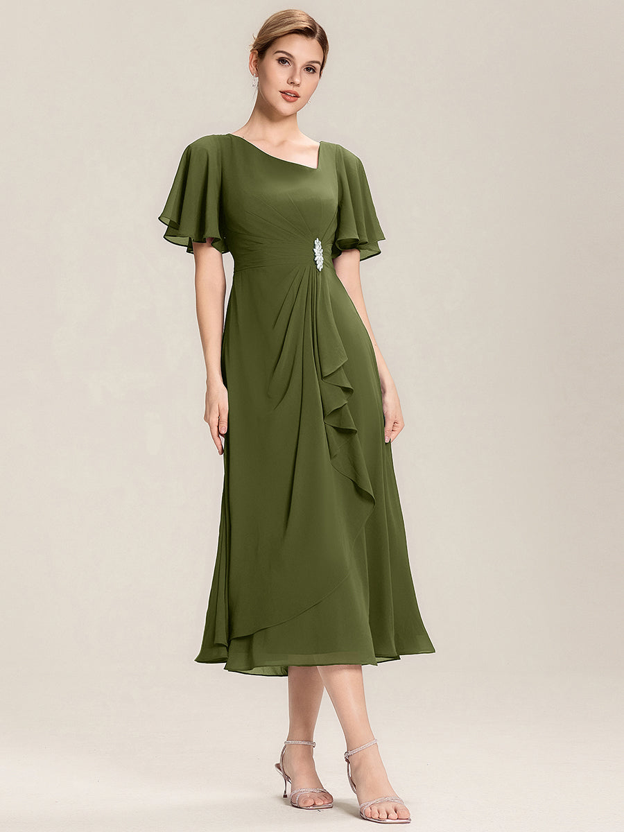 Abendkleid mit Volantärmeln und Strass-Details aus Chiffon abendkleid #Farbe_Olivgrün