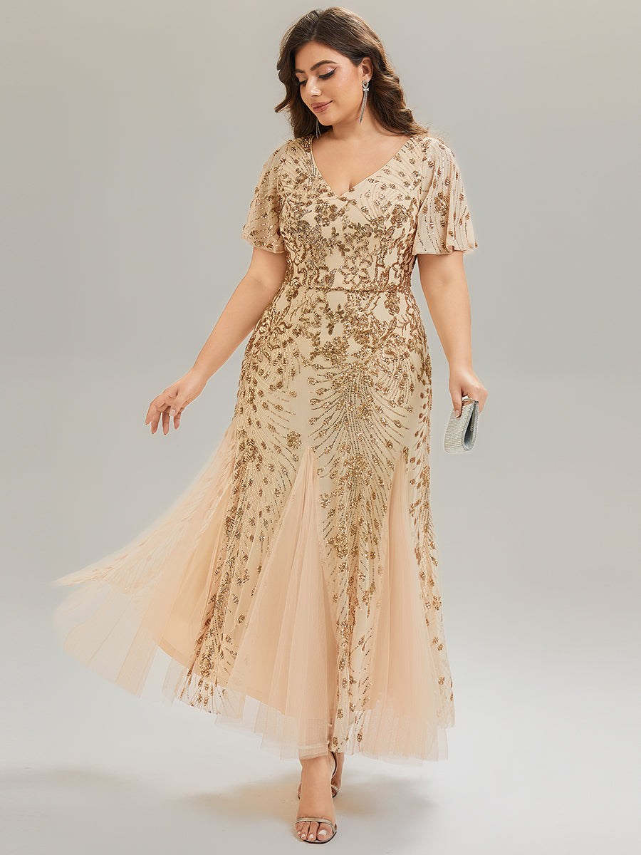 Maxi Knöchellanges V-Ausschnitt A-Linie Paillettenkleid Mit Besticktem Patchwork Kleid #Farbe_Gold