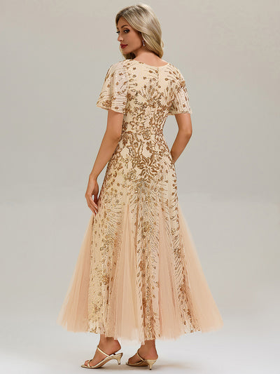 Maxi Knöchellanges V-Ausschnitt A-Linie Paillettenkleid Mit Besticktem Patchwork Kleid #Farbe_Gold