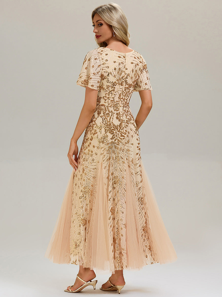 Maxi Knöchellanges V-Ausschnitt A-Linie Paillettenkleid Mit Besticktem Patchwork Kleid #Farbe_Gold
