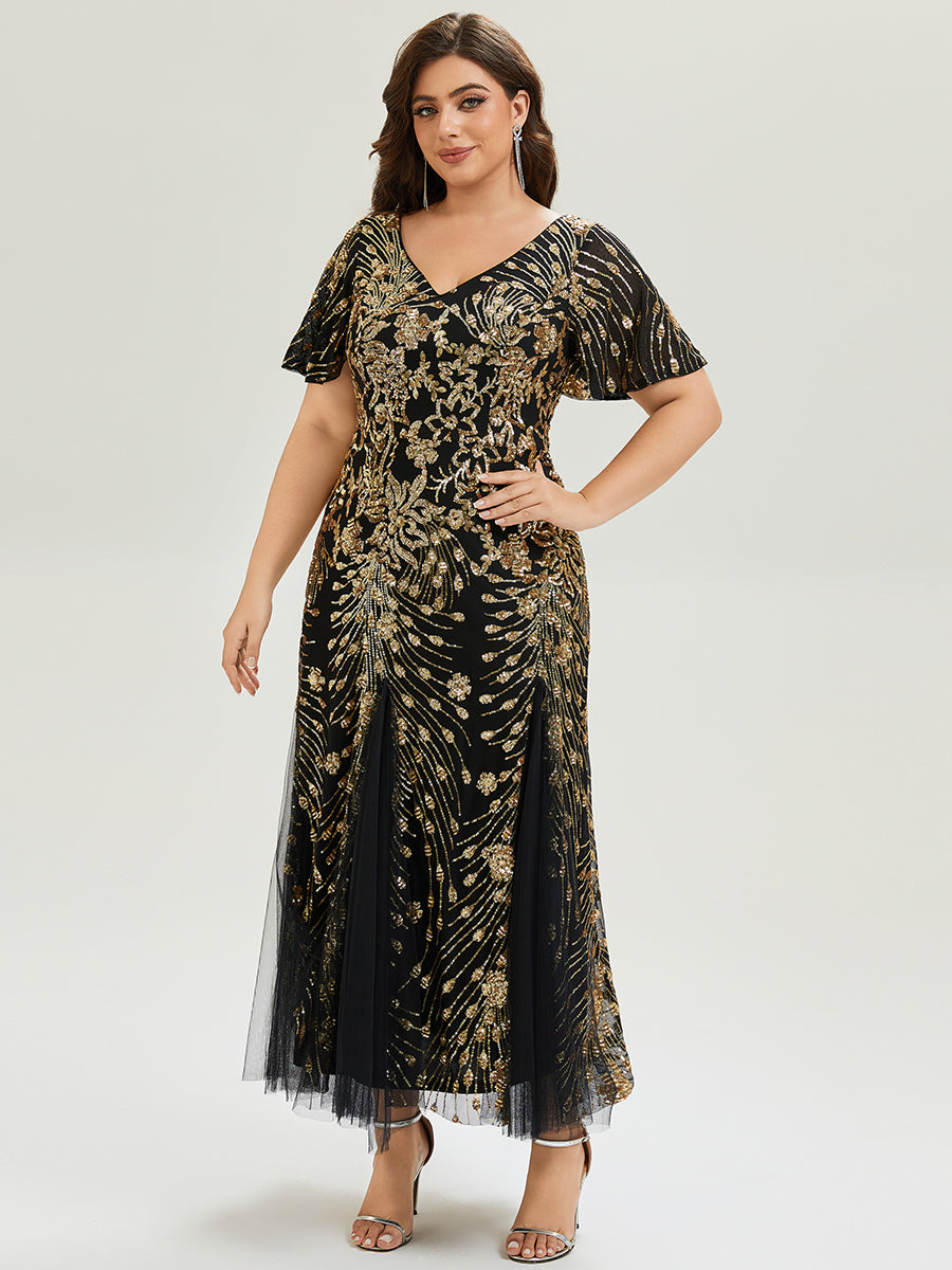 Maxi Knöchellanges V-Ausschnitt A-Linie Paillettenkleid Mit Besticktem Patchwork Kleid #Farbe_Schwarz & Gold