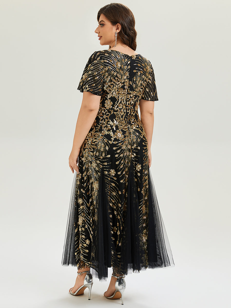 Maxi Knöchellanges V-Ausschnitt A-Linie Paillettenkleid Mit Besticktem Patchwork Kleid #Farbe_Schwarz & Gold