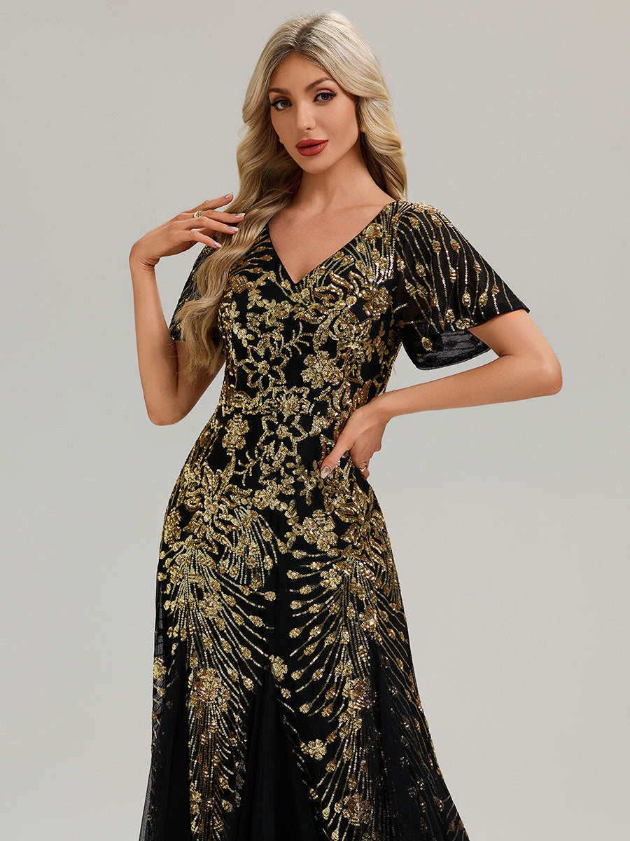 Maxi Knöchellanges V-Ausschnitt A-Linie Paillettenkleid Mit Besticktem Patchwork Kleid #Farbe_Schwarz & Gold