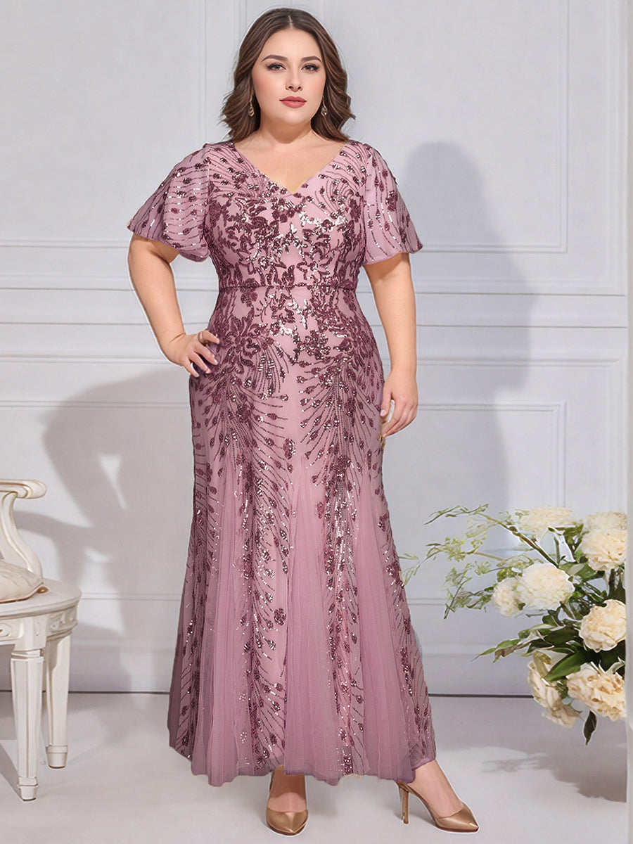 Maxi Knöchellanges V-Ausschnitt A-Linie Paillettenkleid Mit Besticktem Patchwork Kleid #Farbe_Orchideenviolett