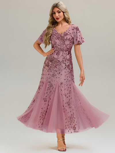 Maxi Knöchellanges V-Ausschnitt A-Linie Paillettenkleid Mit Besticktem Patchwork Kleid #Farbe_Orchideenviolett
