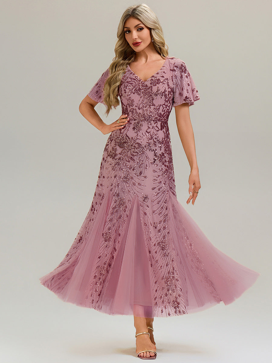 Maxi Knöchellanges V-Ausschnitt A-Linie Paillettenkleid Mit Besticktem Patchwork Kleid #Farbe_Orchideenviolett