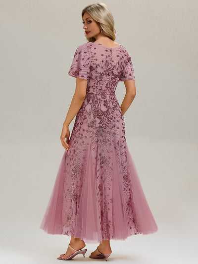 Maxi Knöchellanges V-Ausschnitt A-Linie Paillettenkleid Mit Besticktem Patchwork Kleid #Farbe_Orchideenviolett