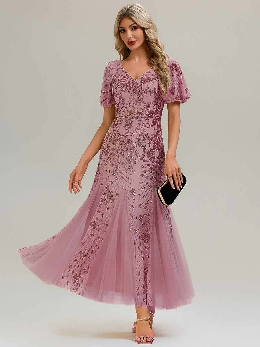 Maxi Knöchellanges V-Ausschnitt A-Linie Paillettenkleid Mit Besticktem Patchwork Kleid #Farbe_Orchideenviolett