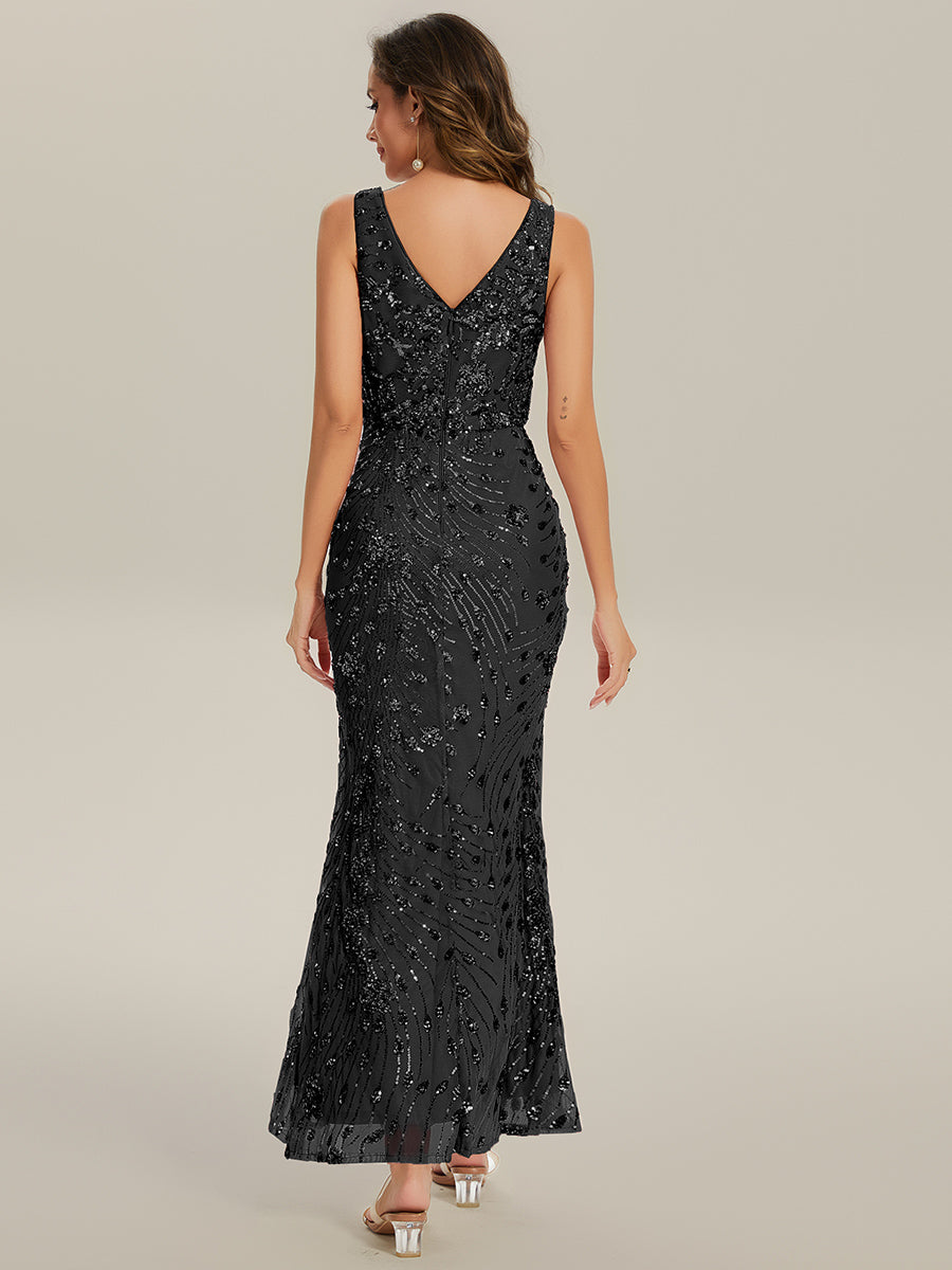 Maxi Und Knöchellanges V-Ausschnitt Meerjungfrau Pailletten Kleid Mit Knoten Detail Und Tiefem V-Ausschnitt #Farbe_Schwarz