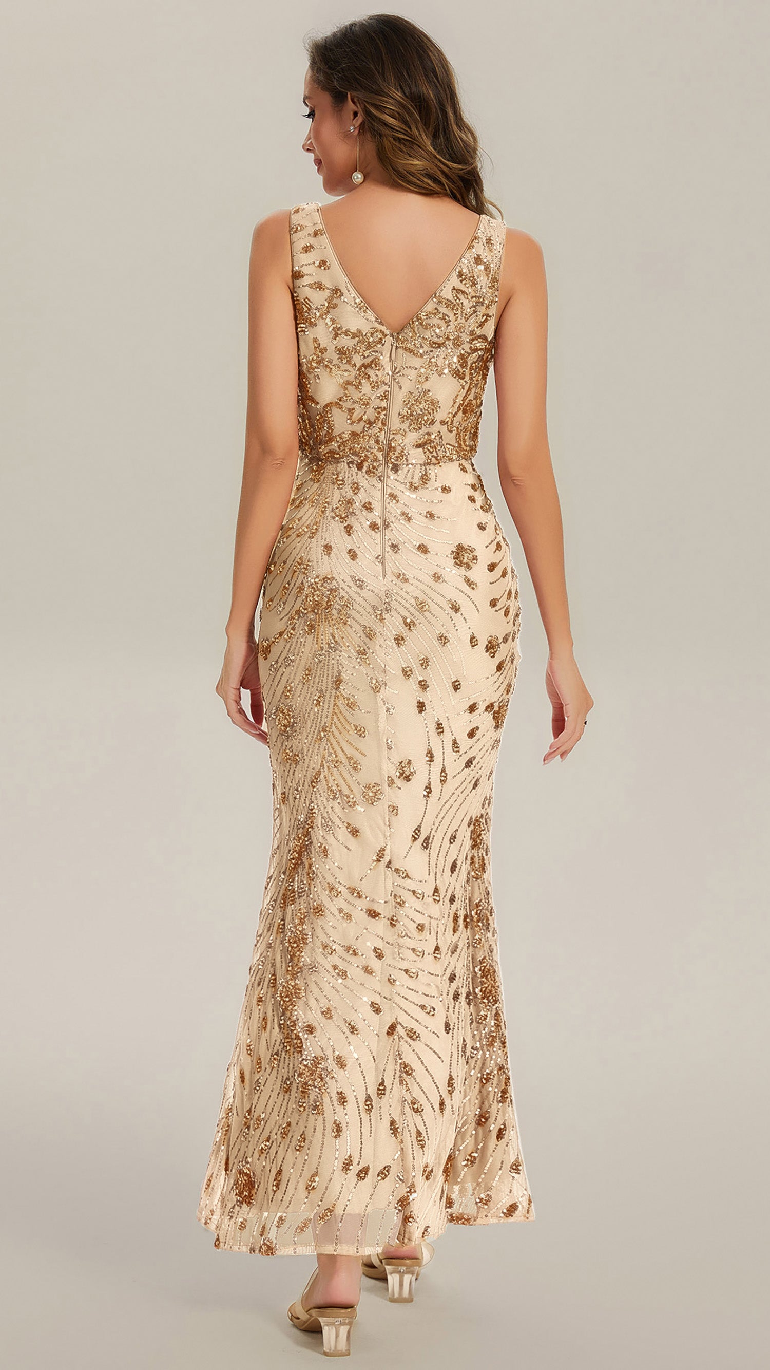 Maxi Und Knöchellanges V-Ausschnitt Meerjungfrau Pailletten Kleid Mit Knoten Detail Und Tiefem V-Ausschnitt #Farbe_Gold