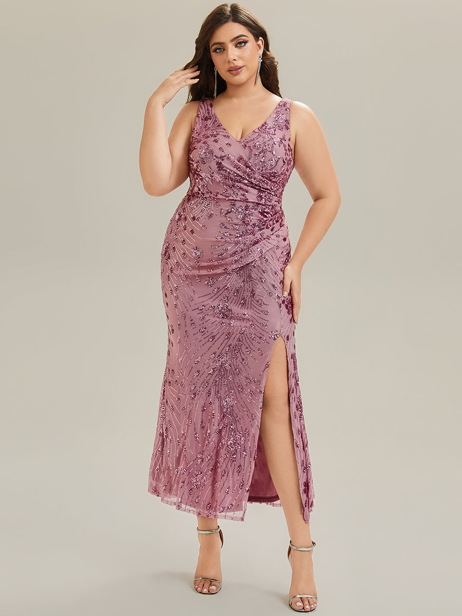 Maxi Und Knöchellanges V-Ausschnitt Meerjungfrau Pailletten Kleid Mit Knoten Detail Und Tiefem V-Ausschnitt #Farbe_Orchideenviolett