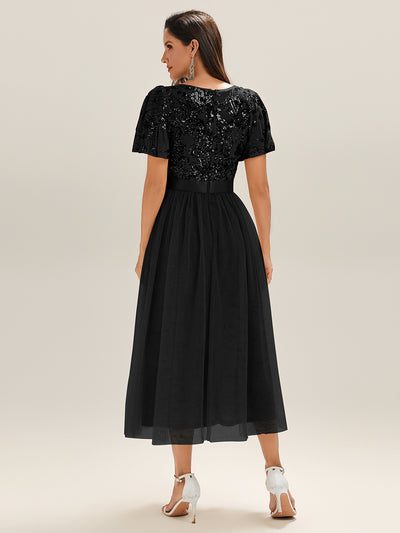 Midi Länge Pailletten Meerjungfrau Kleid Mit Tiefem V-Ausschnitt Elegantes Tee Länge Kleid #Farbe_Schwarz