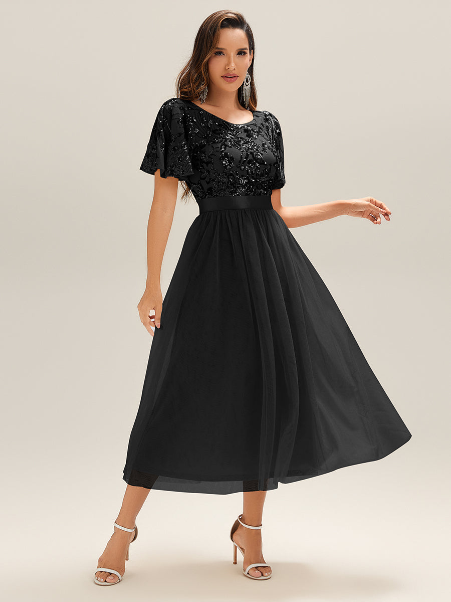 Midi Länge Pailletten Meerjungfrau Kleid Mit Tiefem V-Ausschnitt Elegantes Tee Länge Kleid #Farbe_Schwarz