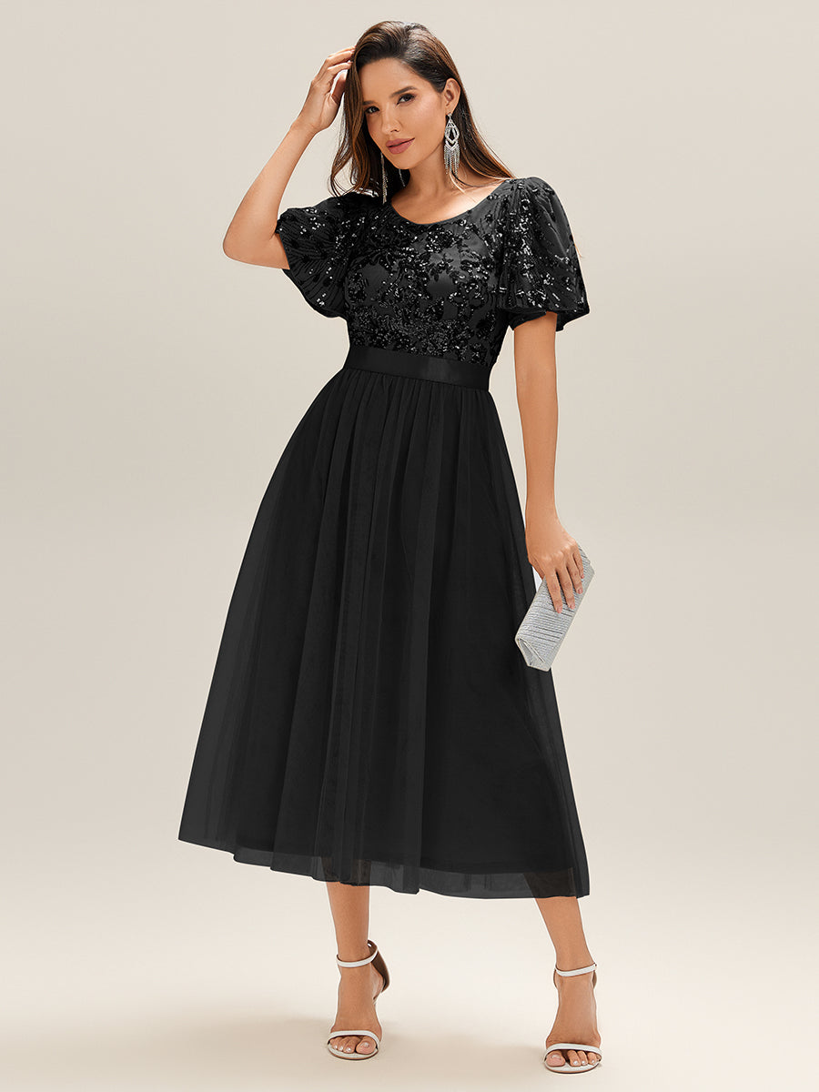 Midi Länge Pailletten Meerjungfrau Kleid Mit Tiefem V-Ausschnitt Elegantes Tee Länge Kleid #Farbe_Schwarz