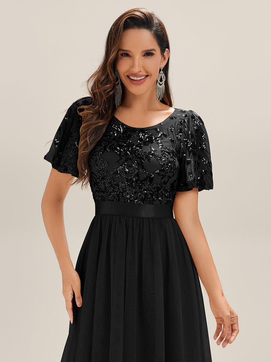 Midi Länge Pailletten Meerjungfrau Kleid Mit Tiefem V-Ausschnitt Elegantes Tee Länge Kleid #Farbe_Schwarz