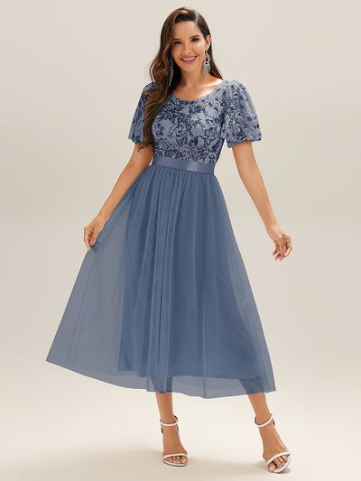Midi Länge Pailletten Meerjungfrau Kleid Mit Tiefem V-Ausschnitt Elegantes Tee Länge Kleid #Farbe_Taubenblau