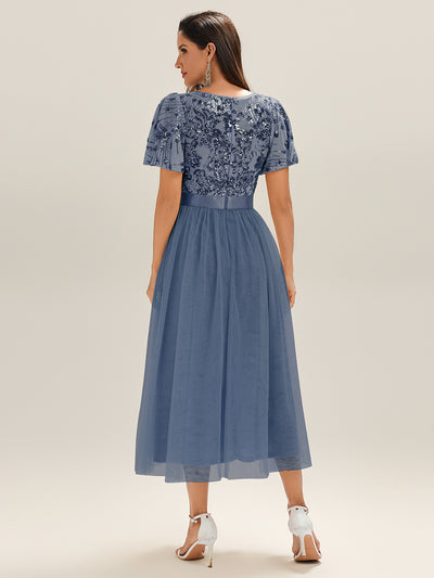 Midi Länge Pailletten Meerjungfrau Kleid Mit Tiefem V-Ausschnitt Elegantes Tee Länge Kleid #Farbe_Taubenblau